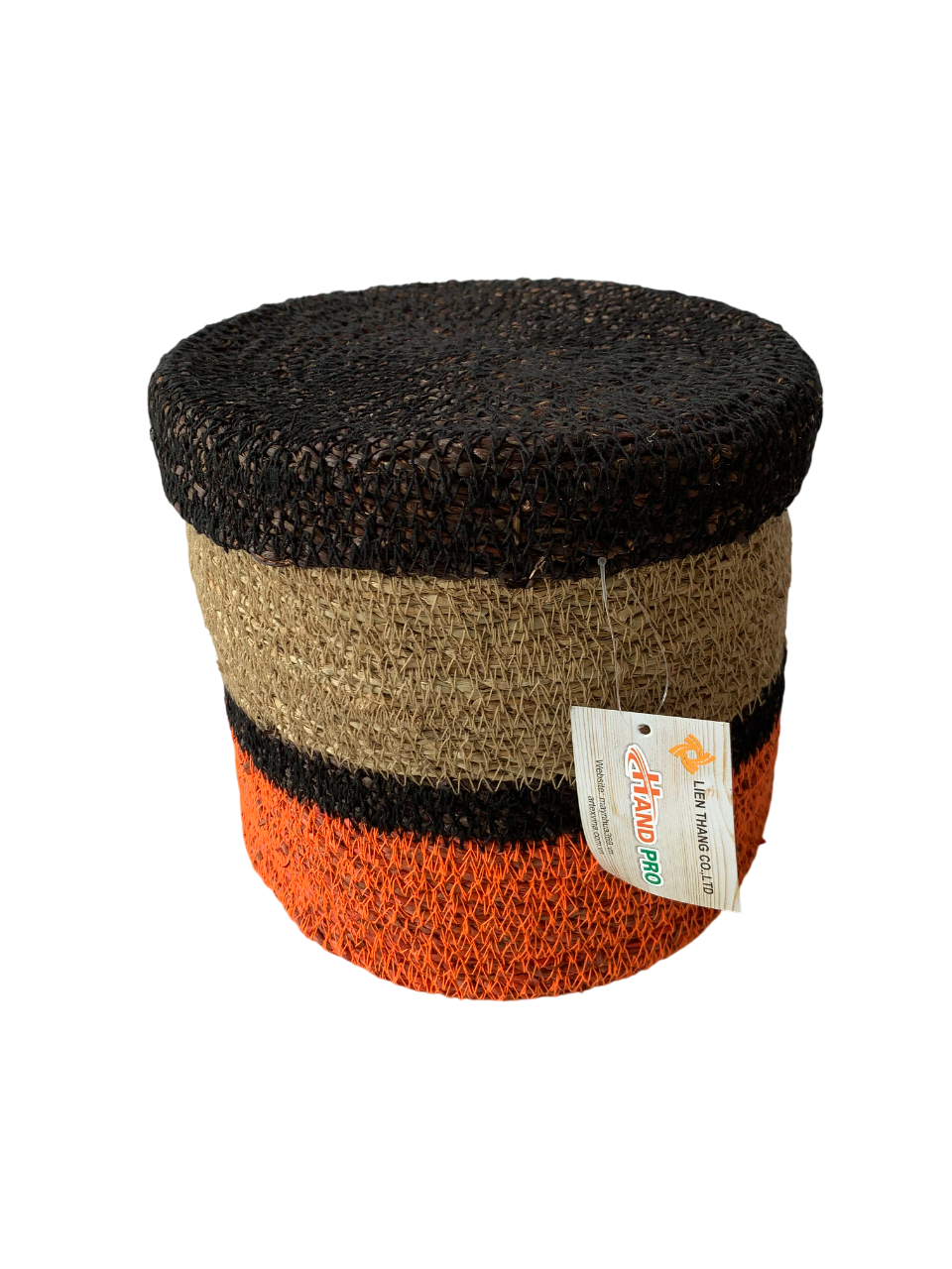  LTD2317 Handmade Seagrass Storage Basket – Round Woven Organizer with Natural, Black & Orange Stripes